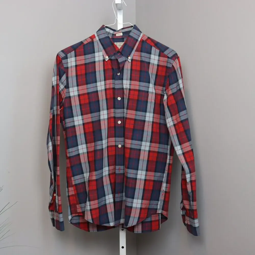 J.Crew‎ Quality Woven Shirt Men’s M Red Blue Plaid Cotton Slim Fit